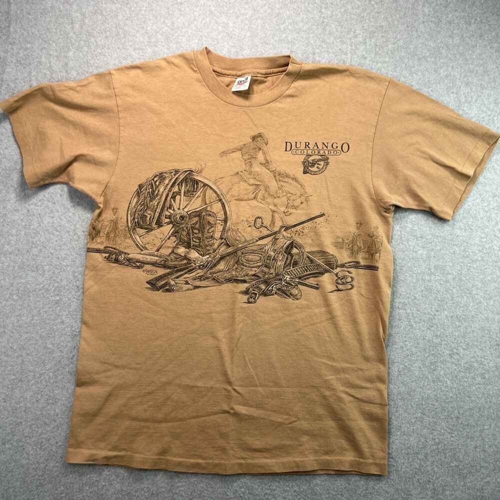 Vintage 1994 Sansegal Graphic T Shirt Large Beige Durango Colorado Single Stitch